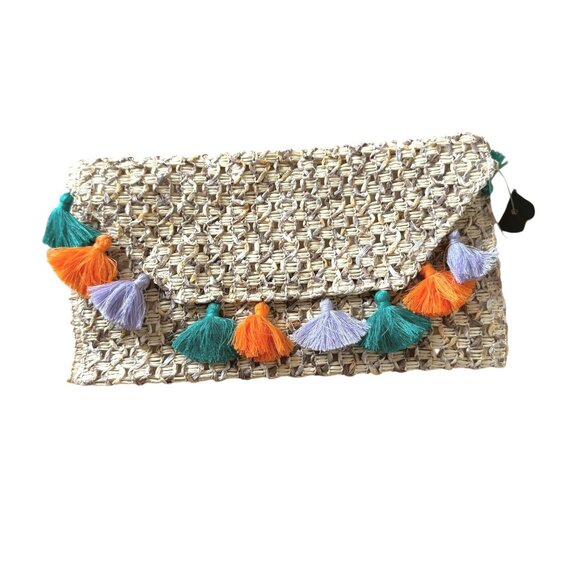 Woven Straw Clutch With Colorful Tassels and Magnetic Closure By Shein - Picture 2 of 7